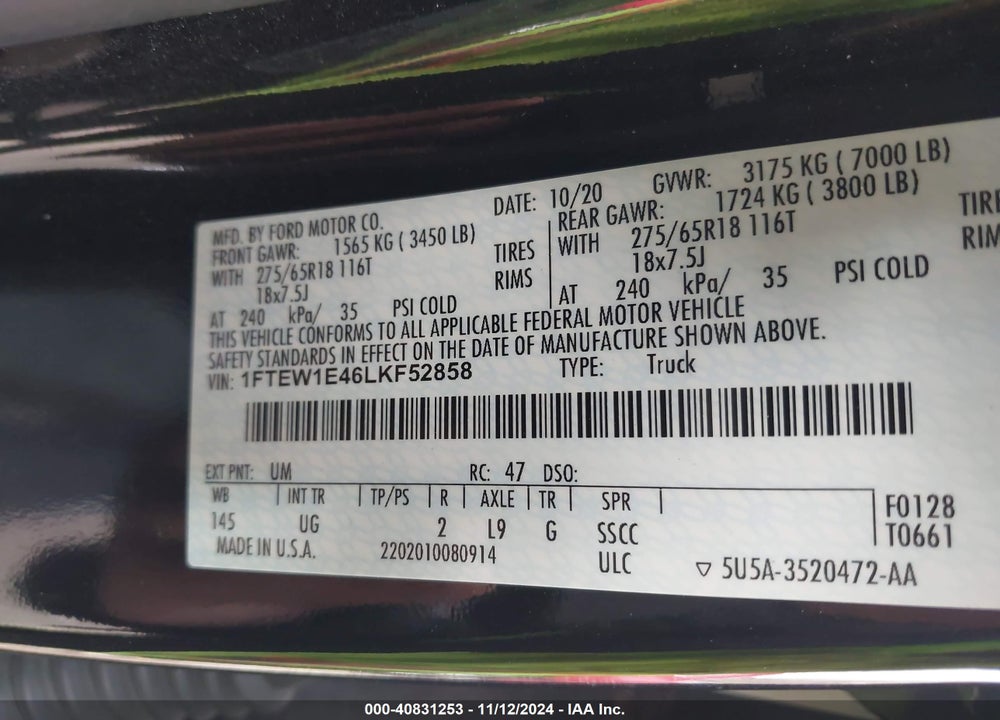 2020 FORD F-150 XLT VIN: 1FTEW1E46LKF52858