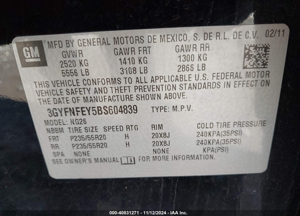 2011 CADILLAC SRX PREMIUM COLLECTION VIN: 3GYFNFEY5BS604839