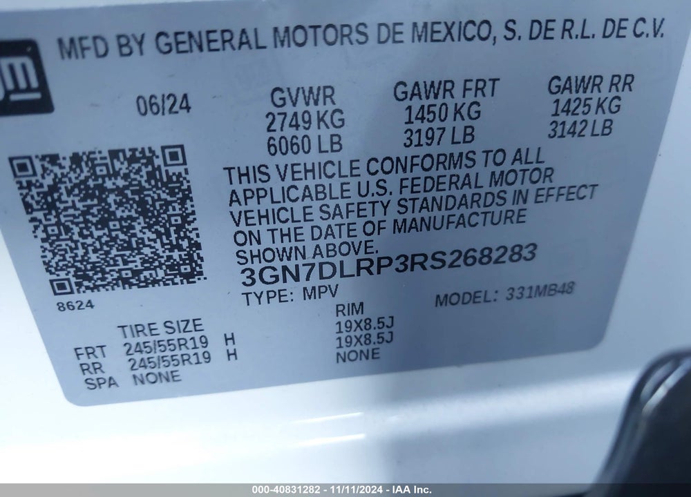 2024 CHEVROLET EQUINOX EV LT VIN: 3GN7DLRP3RS268283