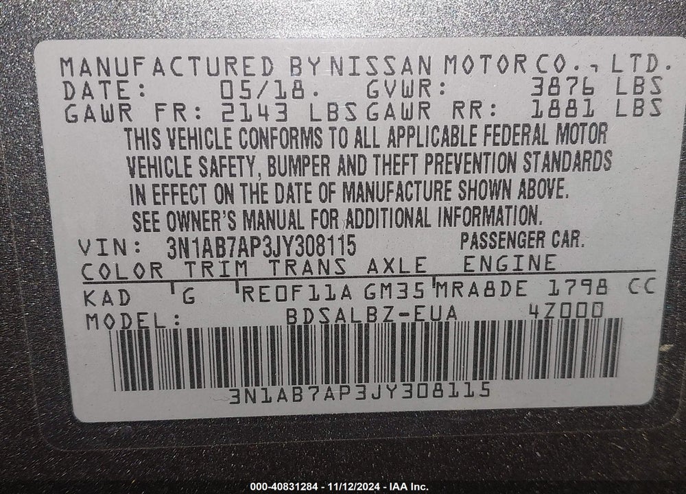 2018 NISSAN SENTRA S VIN: 3N1AB7AP3JY308115
