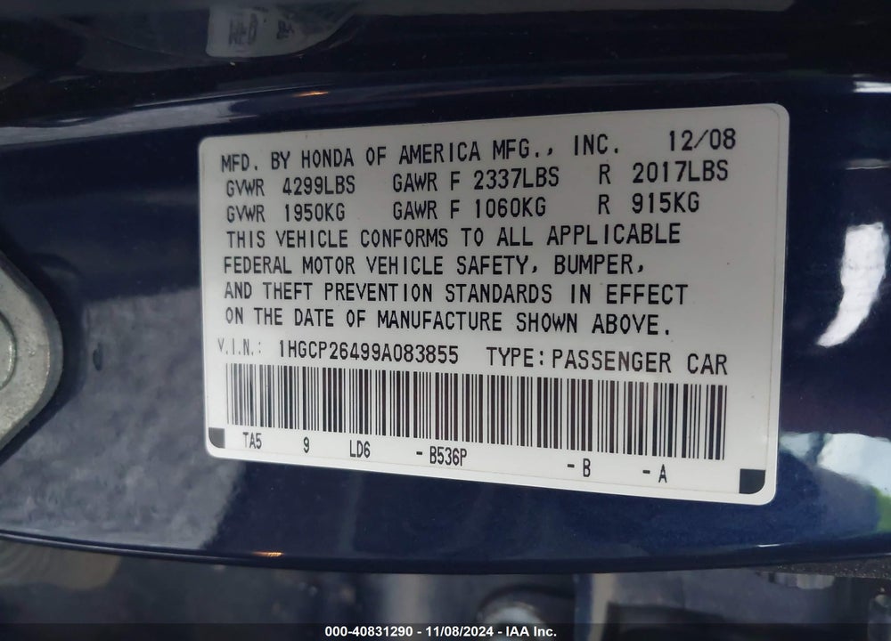 2009 HONDA ACCORD 2.4 LX-P VIN: 1HGCP26499A083855