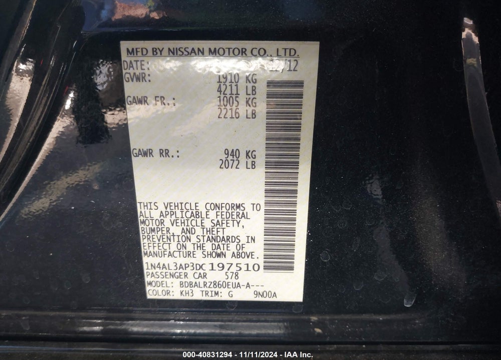 2013 NISSAN ALTIMA 2.5 S VIN: 1N4AL3AP3DC197510