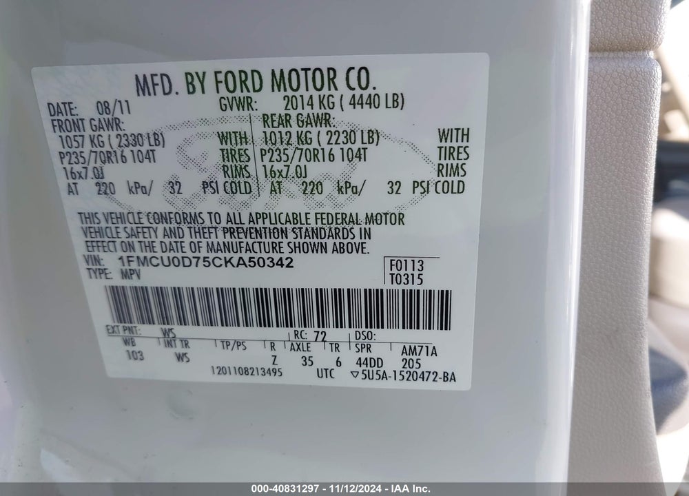 2012 FORD ESCAPE XLT VIN: 1FMCU0D75CKA50342