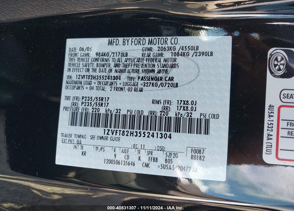 2005 FORD MUSTANG GT DELUXE/GT PREMIUM VIN: 1ZVFT82H355241304