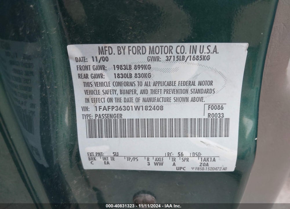 2001 FORD FOCUS SE VIN: 1FAFP36301W182408