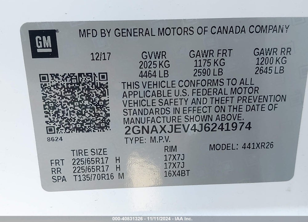 2018 CHEVROLET EQUINOX LT VIN: 2GNAXJEV4J6241974