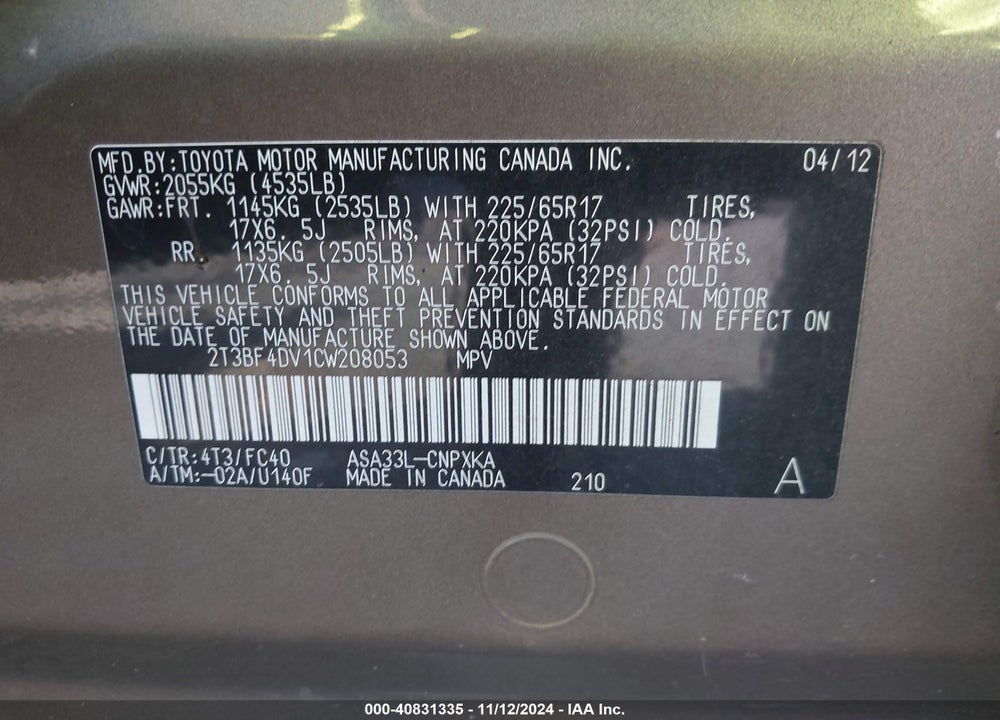 2012 TOYOTA RAV4 VIN: 2T3BF4DV1CW208053