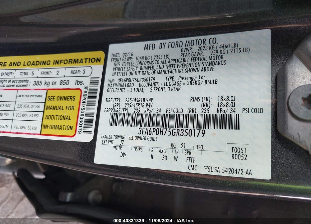 2016 FORD FUSION SE VIN: 3FA6P0H75GR350179