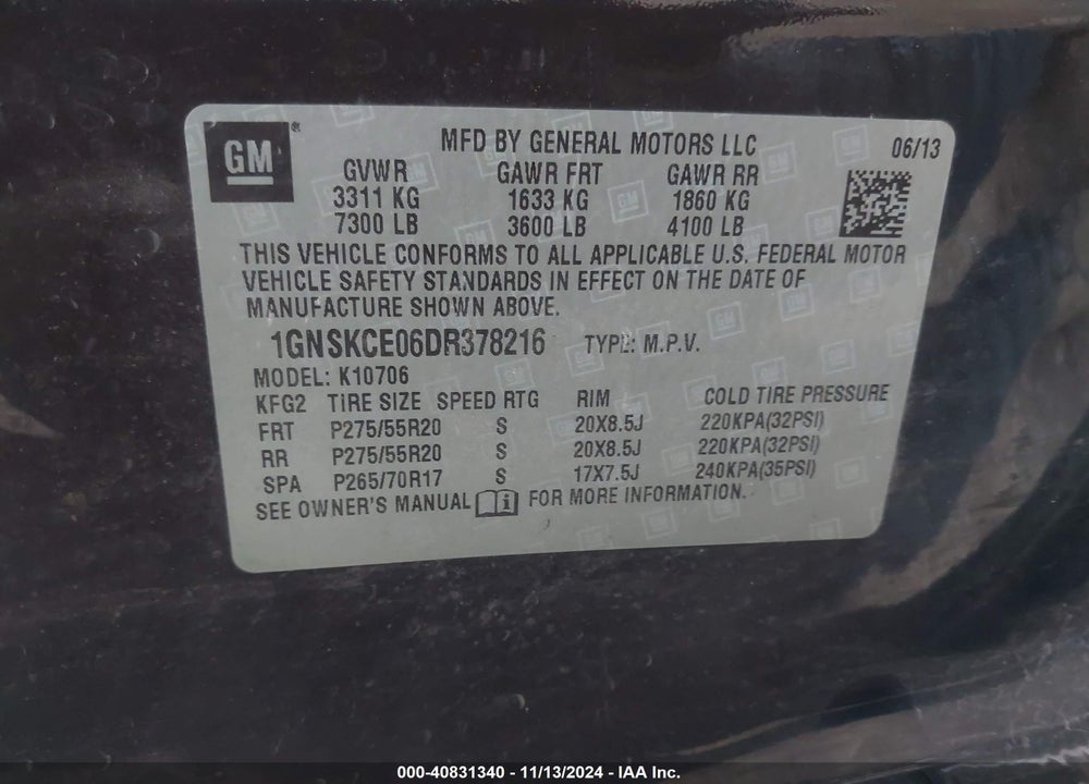 2013 CHEVROLET TAHOE LTZ VIN: 1GNSKCE06DR378216