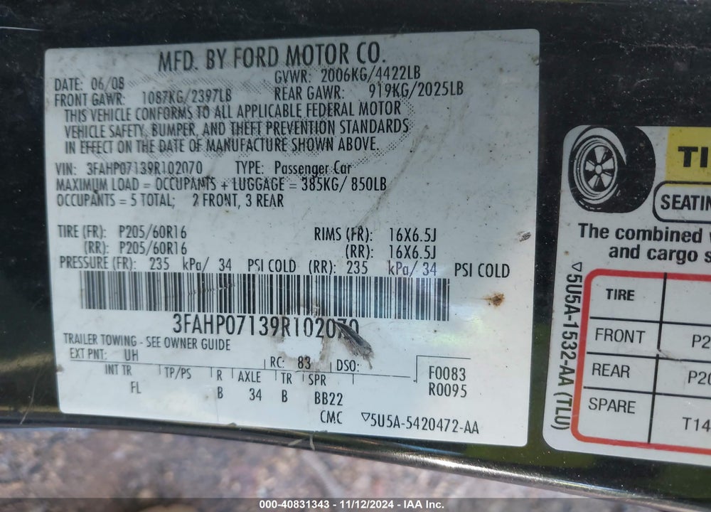 2009 FORD FUSION SE VIN: 3FAHP07139R102070