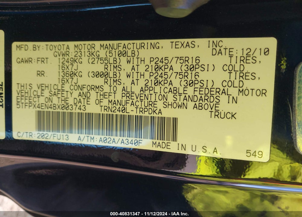 2011 TOYOTA TACOMA VIN: 5TFPX4EN4BX003743