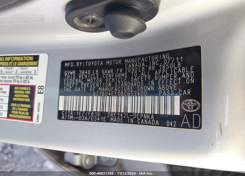 2011 TOYOTA COROLLA LE VIN: 2T1BU4EE0BC653400