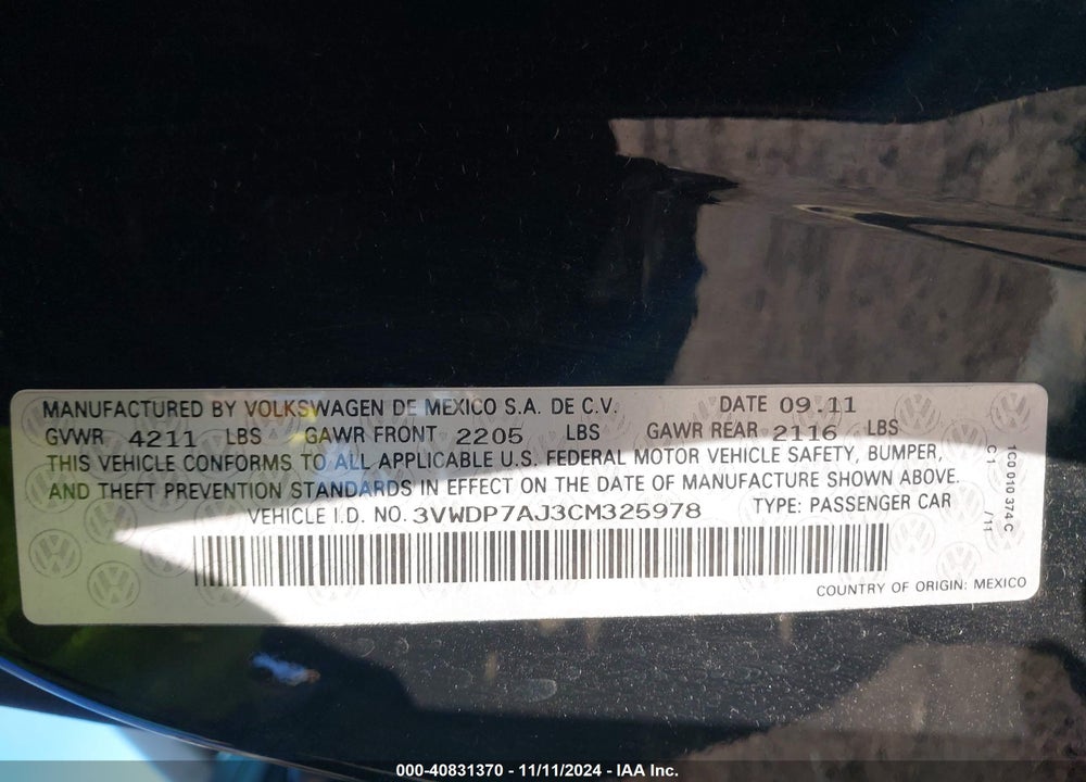 2012 VOLKSWAGEN JETTA 2.5L SE VIN: 3VWDP7AJ3CM325978