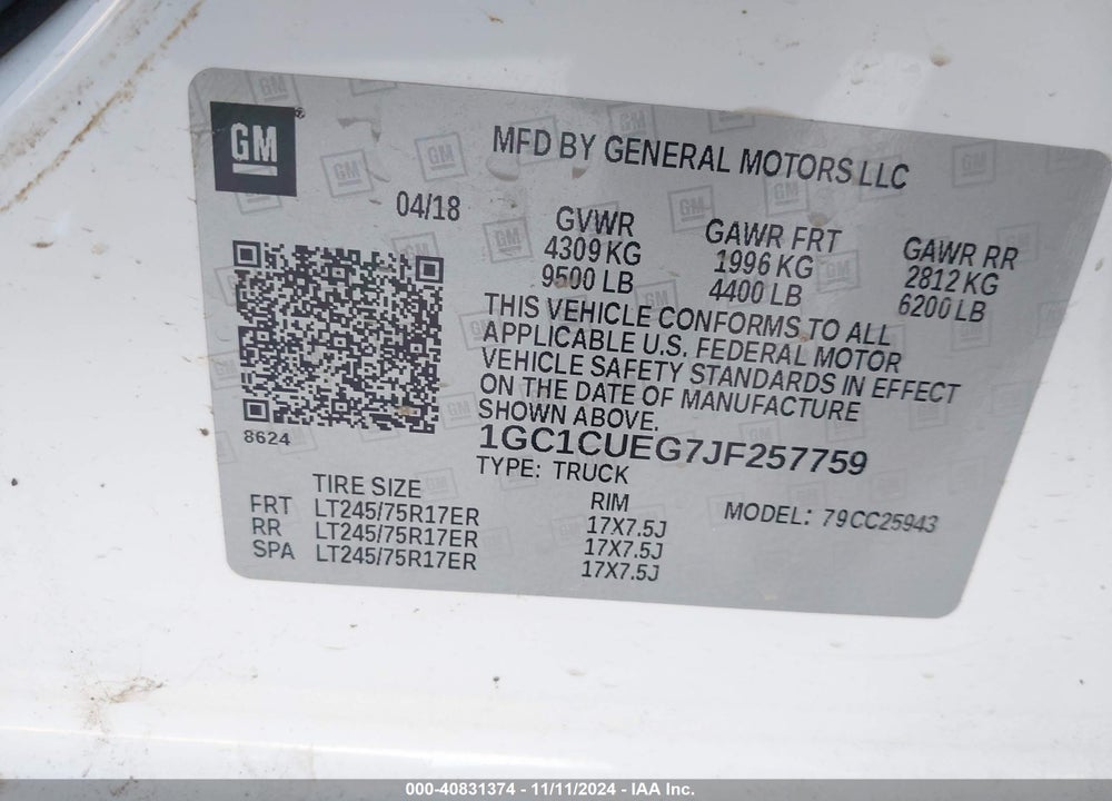 2018 CHEVROLET SILVERADO 2500HD WT VIN: 1GC1CUEG7JF257759