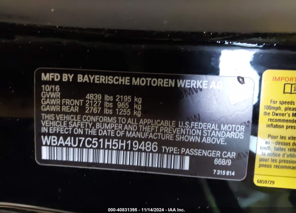 2017 BMW 430I VIN: WBA4U7C51H5H19486