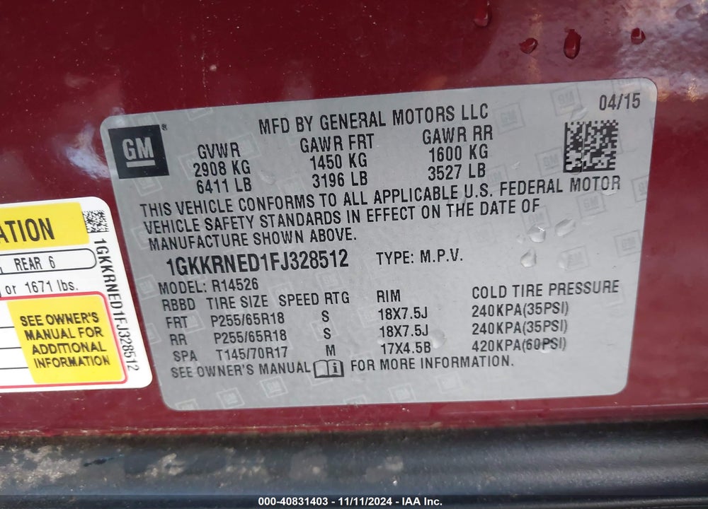 2015 GMC ACADIA SLE-1 VIN: 1GKKRNED1FJ328512
