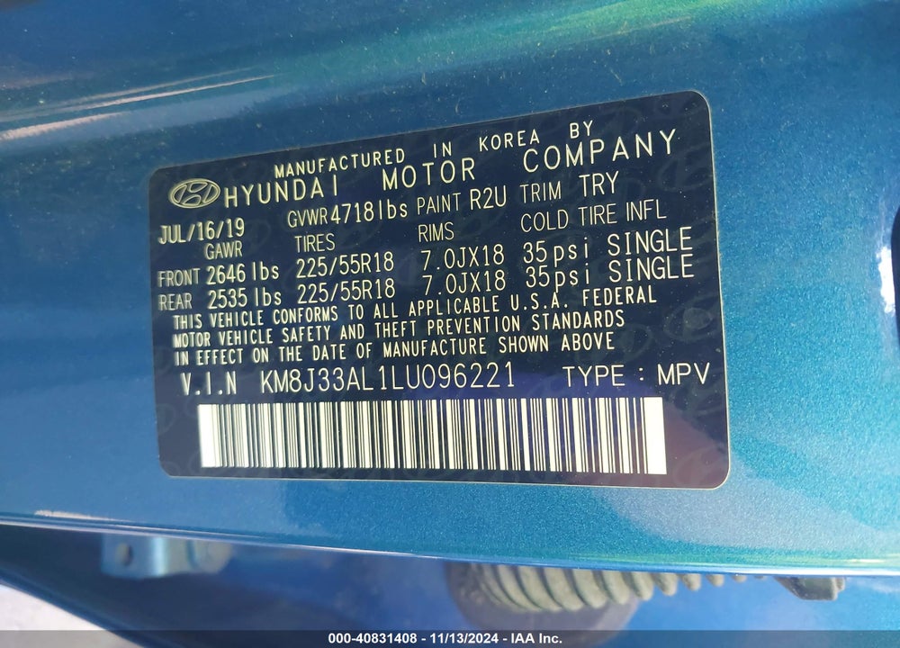 2020 HYUNDAI TUCSON LIMITED VIN: KM8J33AL1LU096221