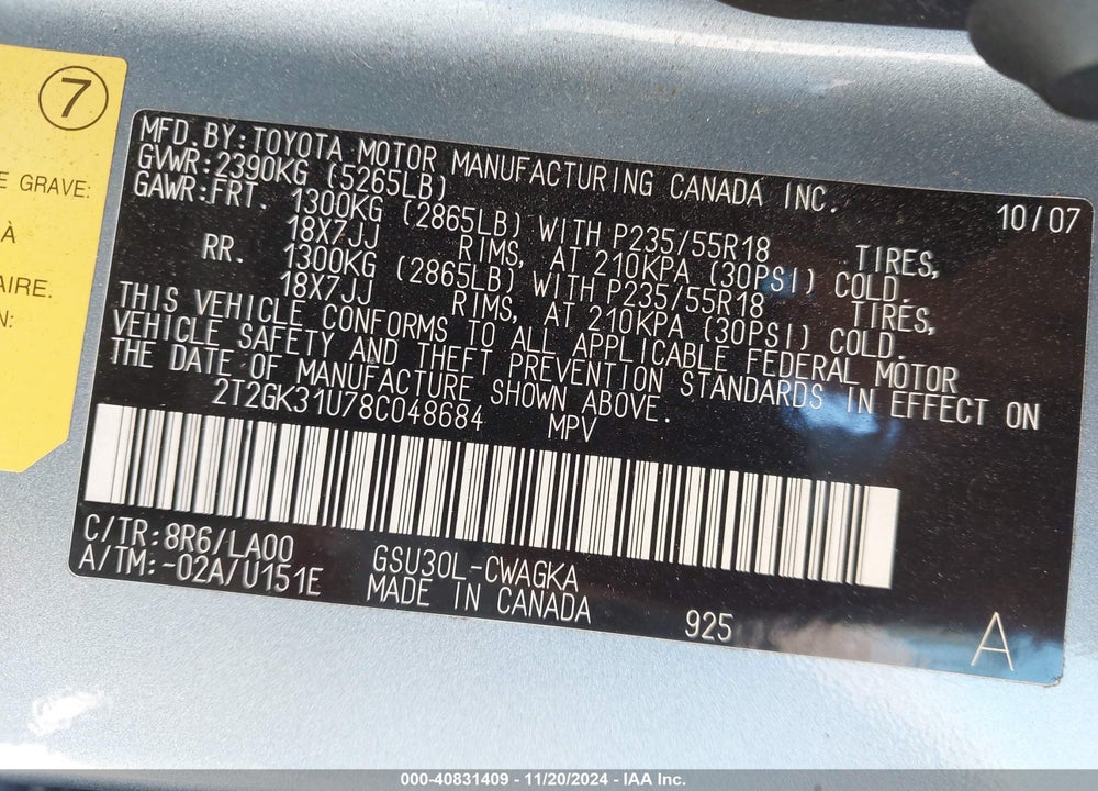 2008 LEXUS RX 350 VIN: 2T2GK31U78C048684