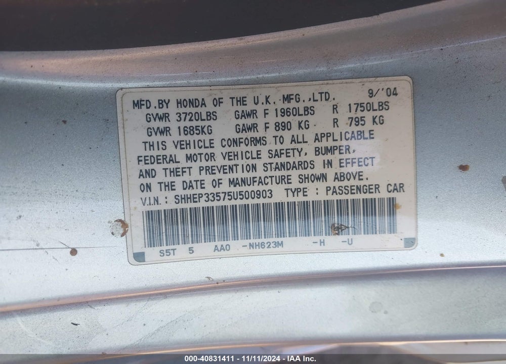 2005 HONDA CIVIC SI VIN: SHHEP33575U500903