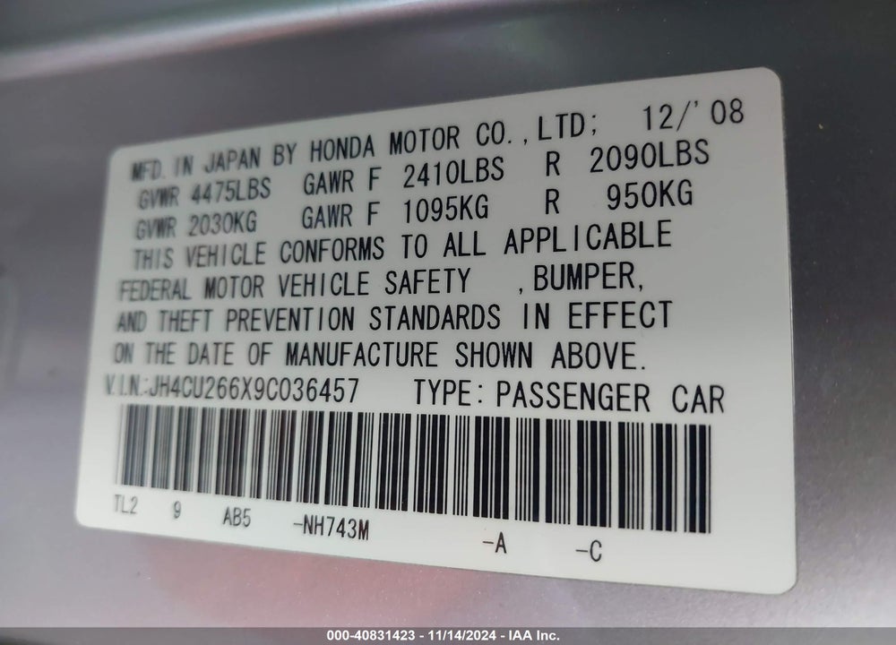 2009 ACURA TSX VIN: JH4CU266X9C036457