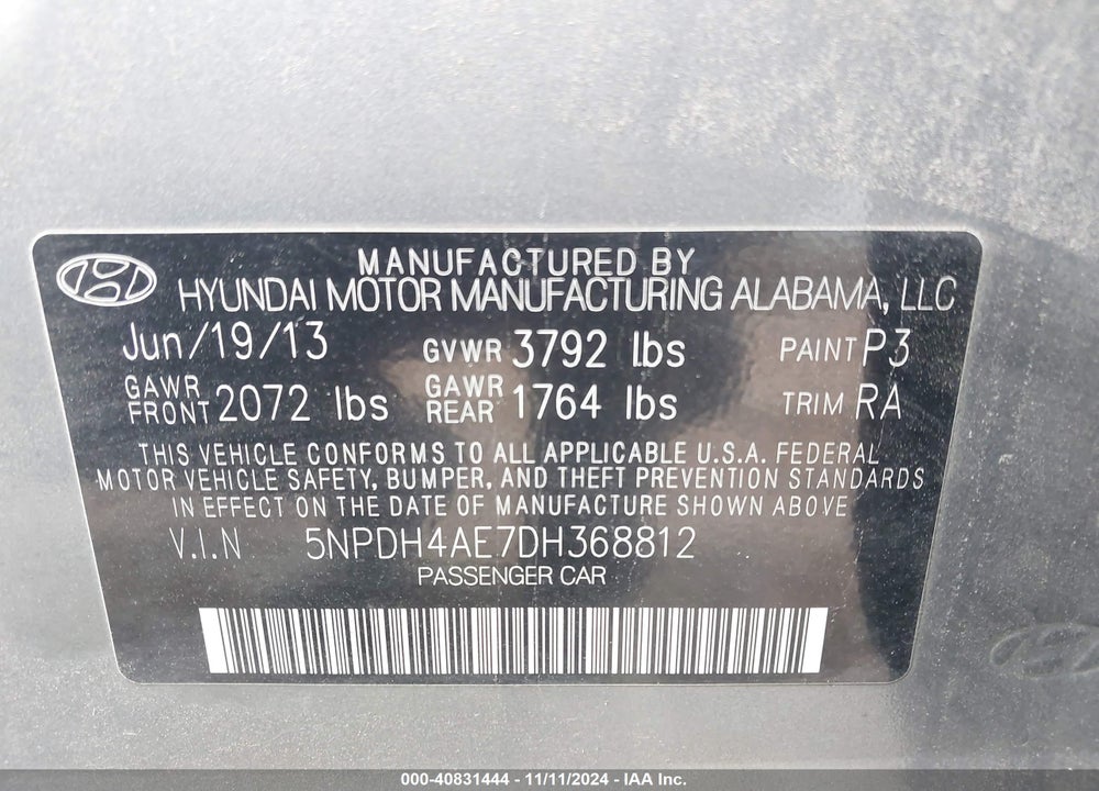 2013 HYUNDAI ELANTRA GLS VIN: 5NPDH4AE7DH368812