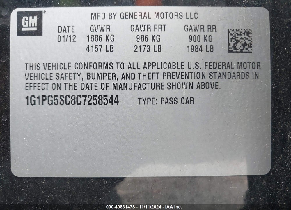 2012 CHEVROLET CRUZE 2LT VIN: 1G1PG5SC8C7258544