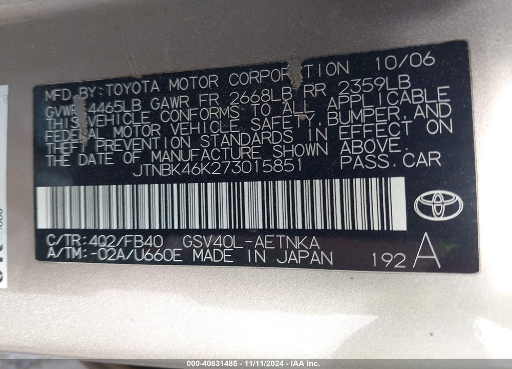 2007 TOYOTA CAMRY VIN: JTNBK46K273015851