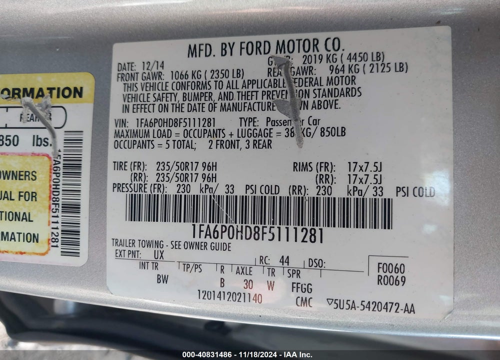 2015 FORD FUSION SE VIN: 1FA6P0HD8F5111281