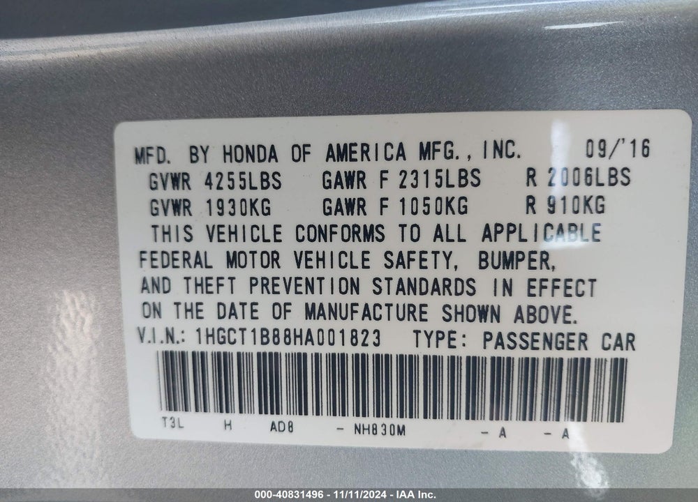 2017 HONDA ACCORD EX-L VIN: 1HGCT1B88HA001823