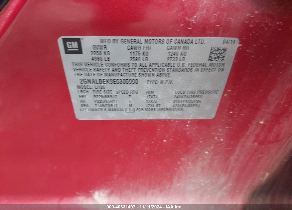 2014 CHEVROLET EQUINOX 1LT VIN: 2GNALBEK9E6305990