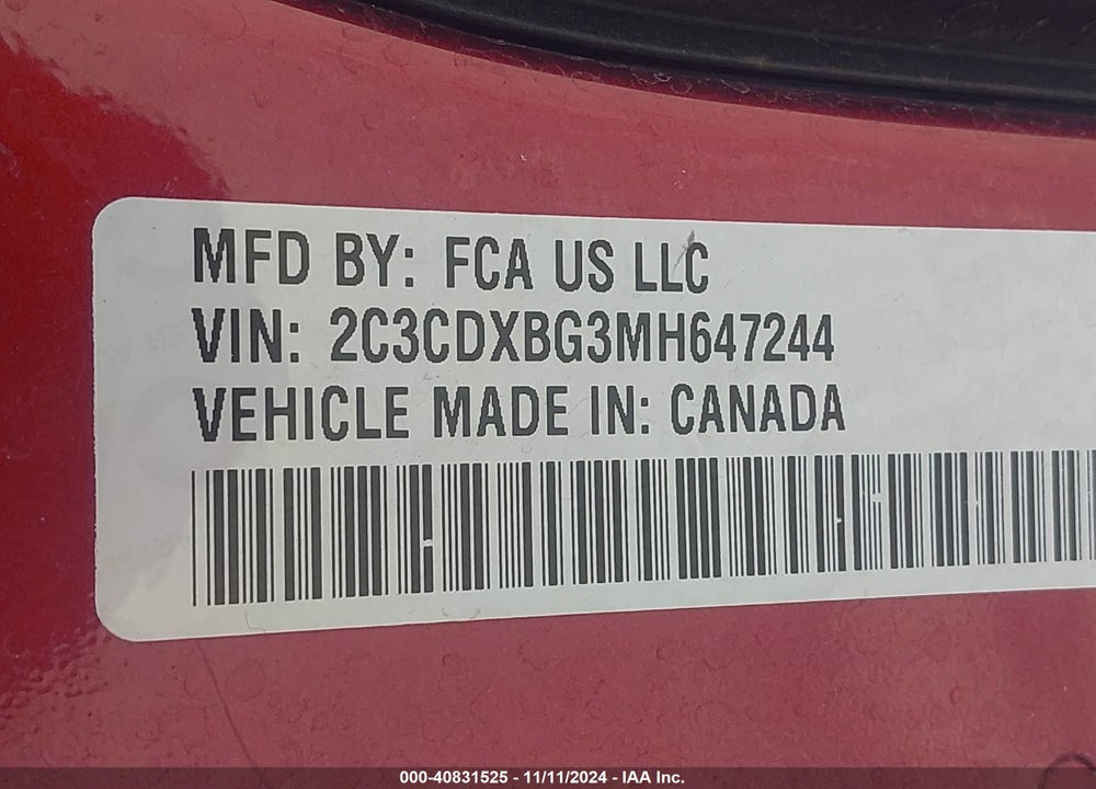 2021 DODGE CHARGER SXT RWD VIN: 2C3CDXBG3MH647244