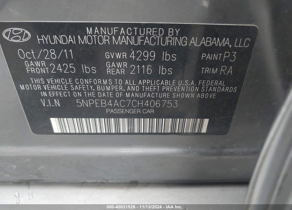 2012 HYUNDAI SONATA GLS VIN: 5NPEB4AC7CH406753