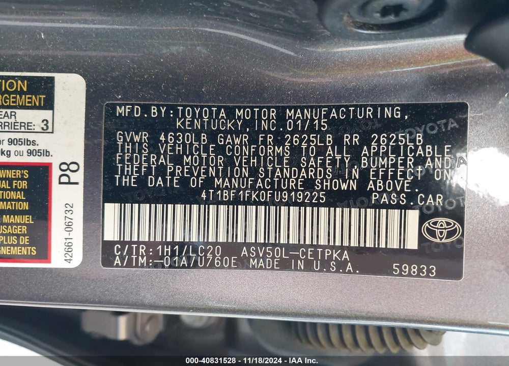 2015 TOYOTA CAMRY XSE VIN: 4T1BF1FK0FU919225