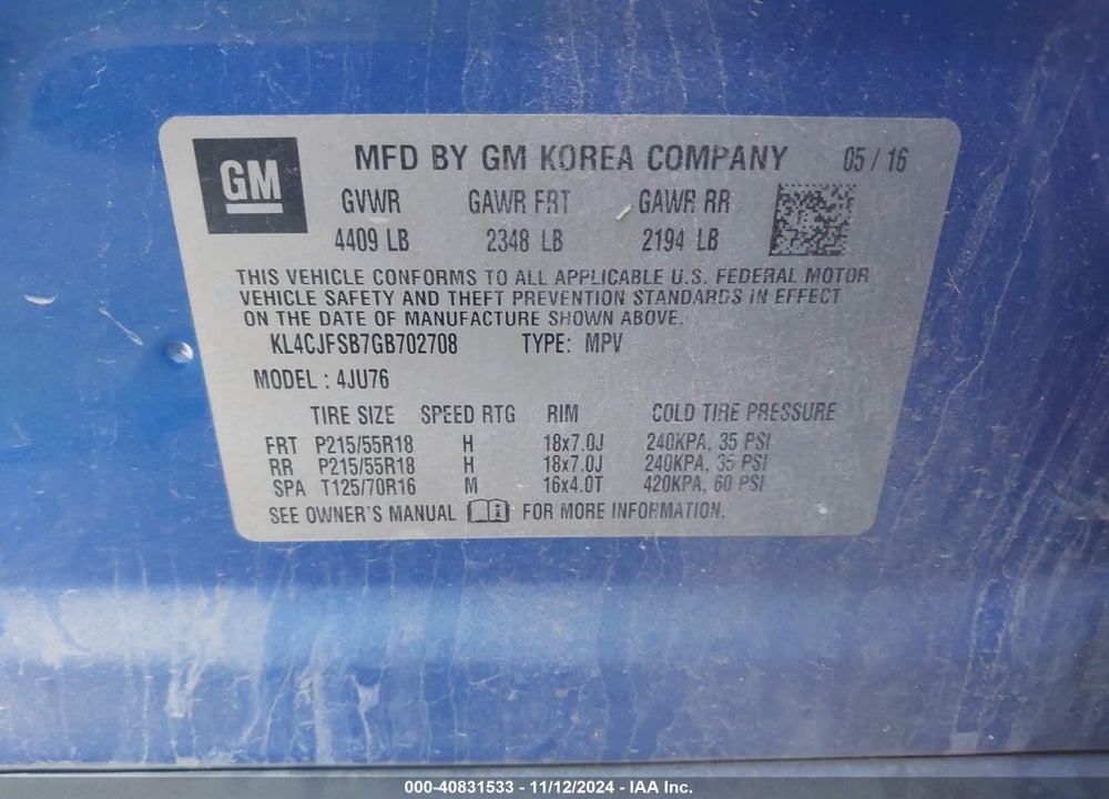 2016 BUICK ENCORE CONVENIENCE VIN: KL4CJFSB7GB702708