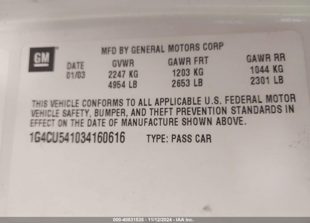 2003 BUICK PARK AVENUE ULTRA VIN: 1G4CU541034160616