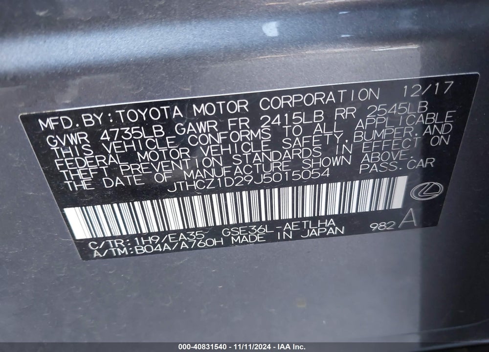 2018 LEXUS IS 350 VIN: JTHCZ1D29J5015054