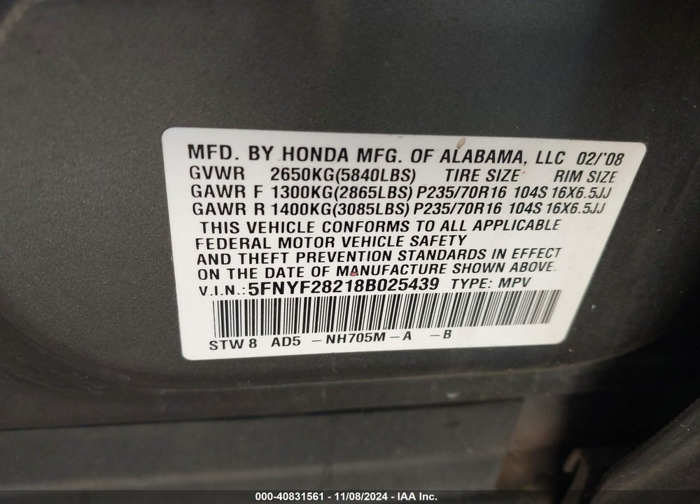 2008 HONDA PILOT VP VIN: 5FNYF28218B025439