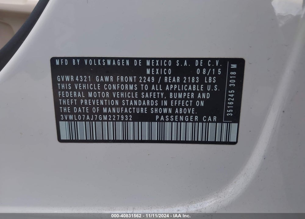 2016 VOLKSWAGEN JETTA 1.8T SEL VIN: 3VWL07AJ7GM227932