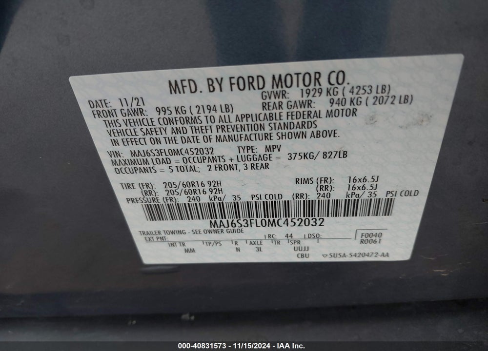 2021 FORD ECOSPORT S VIN: MAJ6S3FL0MC452032