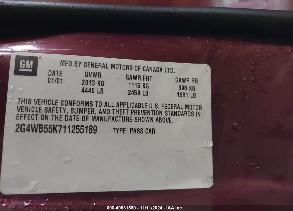 2001 BUICK REGAL LS VIN: 2G4WB55K711255189