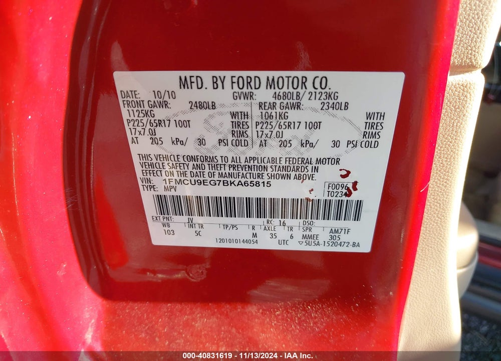 2011 FORD ESCAPE LIMITED VIN: 1FMCU9EG7BKA65815