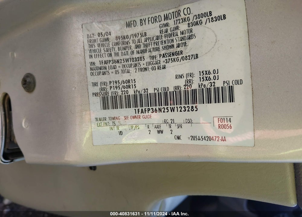 2005 FORD FOCUS ZXW VIN: 1FAFP36N25W123285
