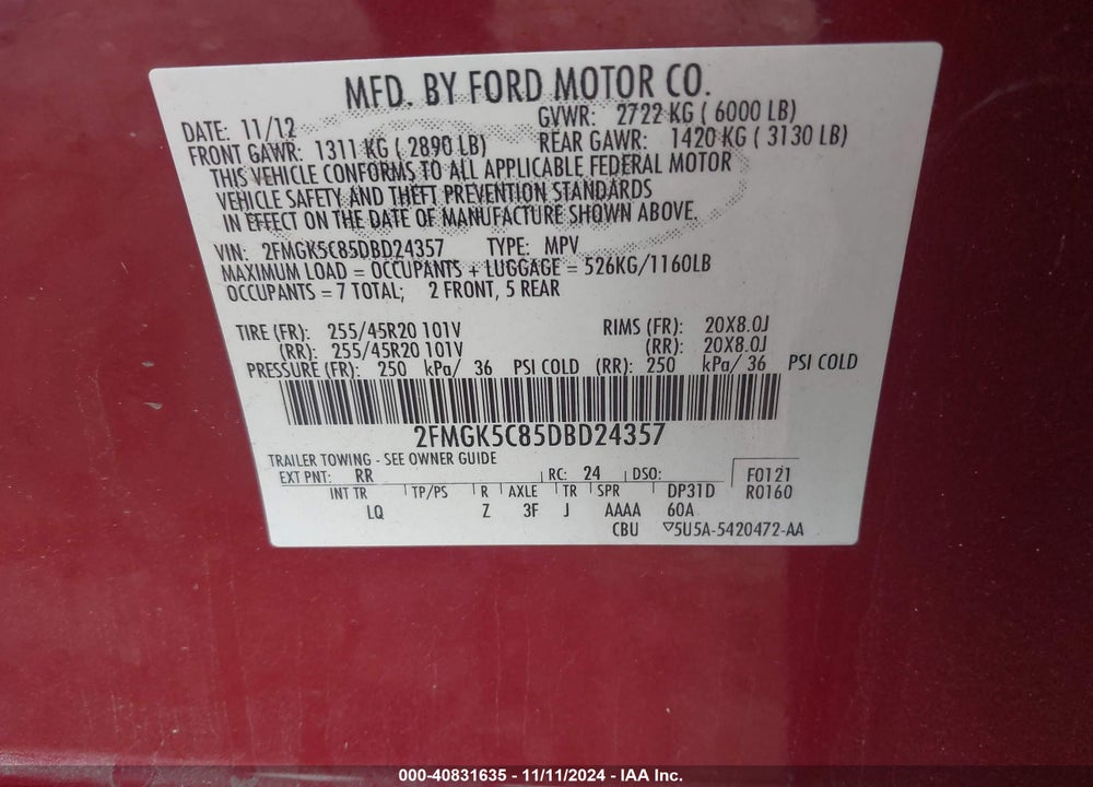 2013 FORD FLEX SEL VIN: 2FMGK5C85DBD24357