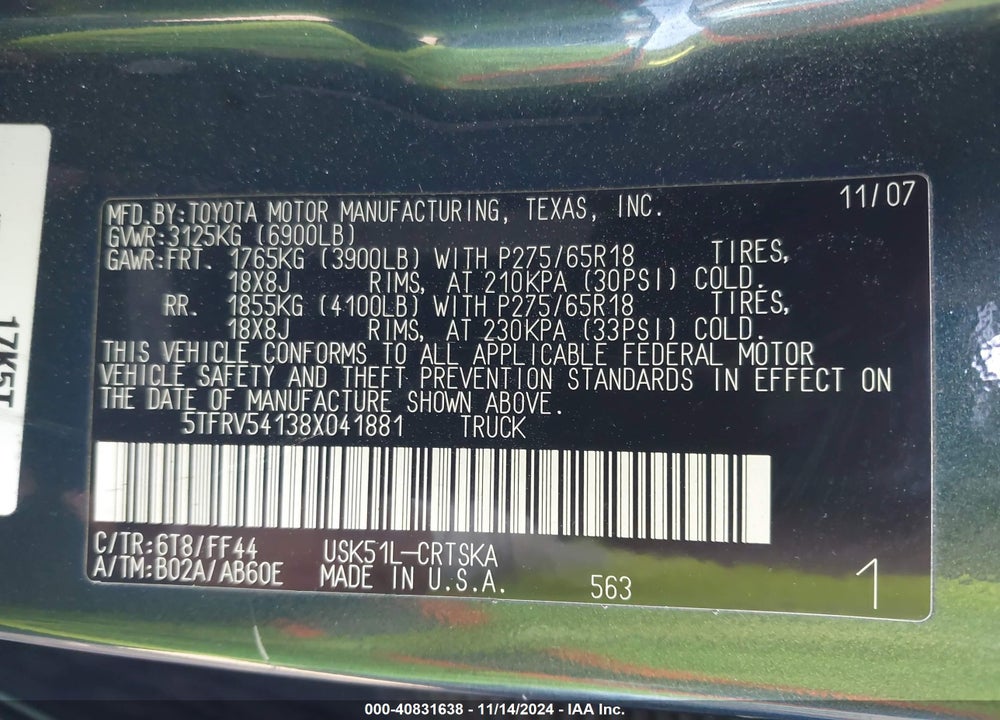 2008 TOYOTA TUNDRA SR5 5.7L V8 VIN: 5TFRV54138X041881