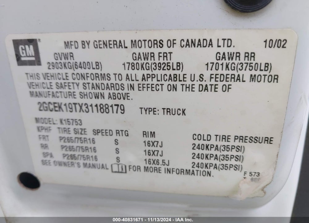 2003 CHEVROLET SILVERADO 1500 LS VIN: 2GCEK19TX31188179