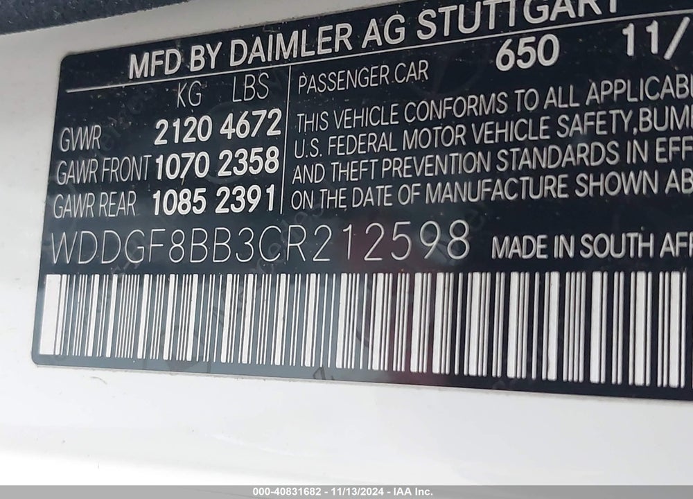 2012 MERCEDES-BENZ C VIN: WDDGF8BB3CR212598