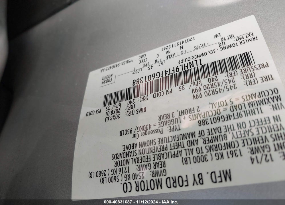 2015 LINCOLN MKS ECOBOOST VIN: 1LNHL9FT4FG601388