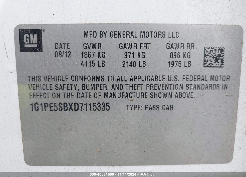 2013 CHEVROLET CRUZE 2LT AUTO VIN: 1G1PE5SBXD7115335