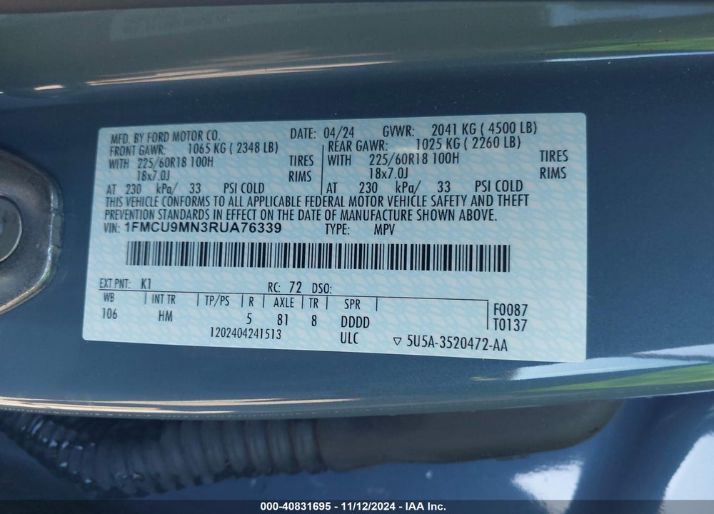 2024 FORD ESCAPE ST LINE VIN: 1FMCU9MN3RUA76339