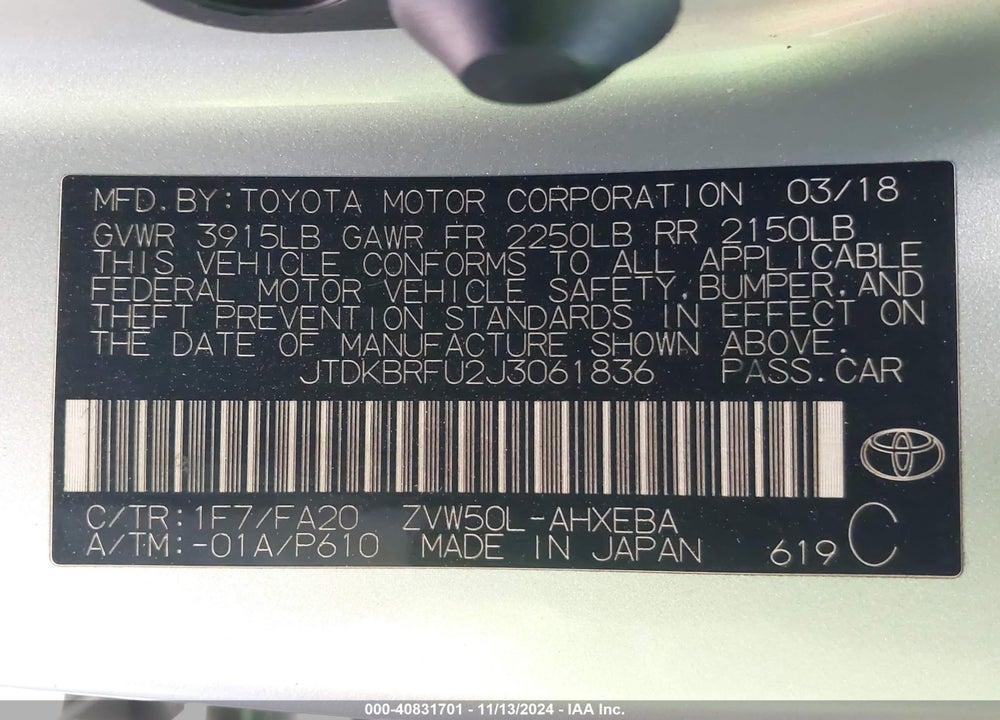 2018 TOYOTA PRIUS TWO VIN: JTDKBRFU2J3061836